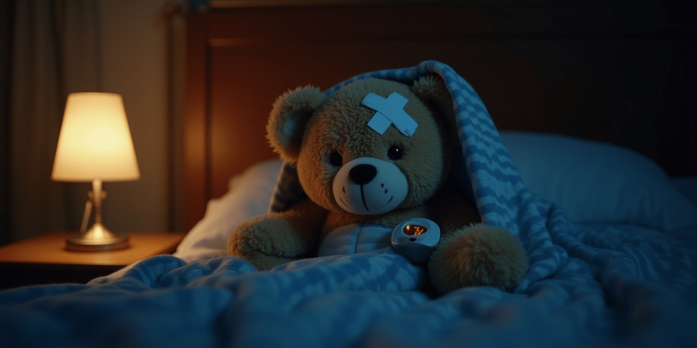A teddy bear with a band-aid, meant to abstractly convey the idea of self healing applications.